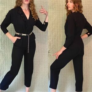 Vintage 80s Black Pants Suit Floral Ruffle Wrap Tailored Jumpsuit by Jody size M